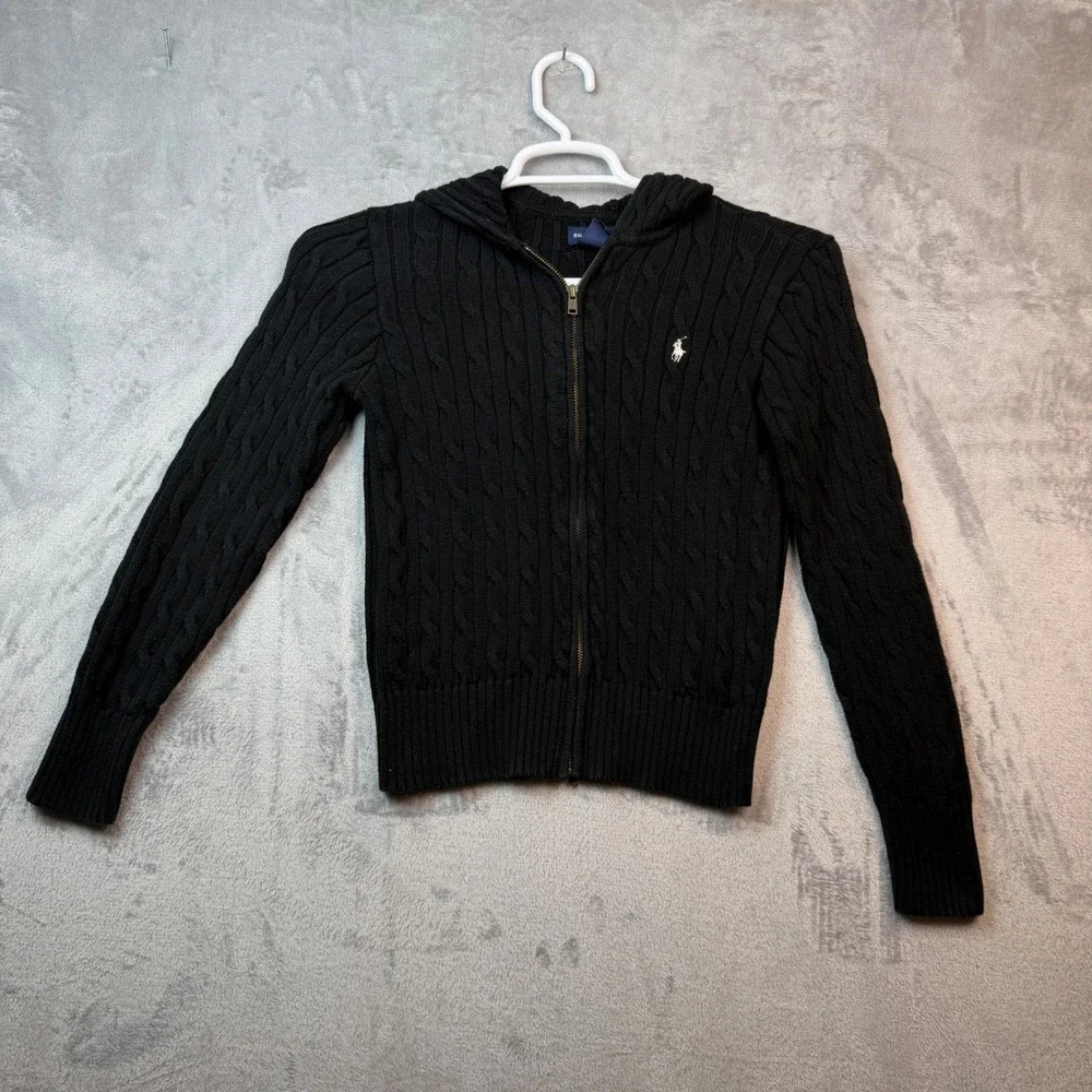 Ralph Lauren Hoodie Girl XL 16 Black Cable Knit Full Zip Sweater Pony Classic